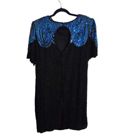 Stenay Vintage Stunning Black Blue Sequined Beaded Silk Sheath Midi Dress Size14 - Picture 3 of 7